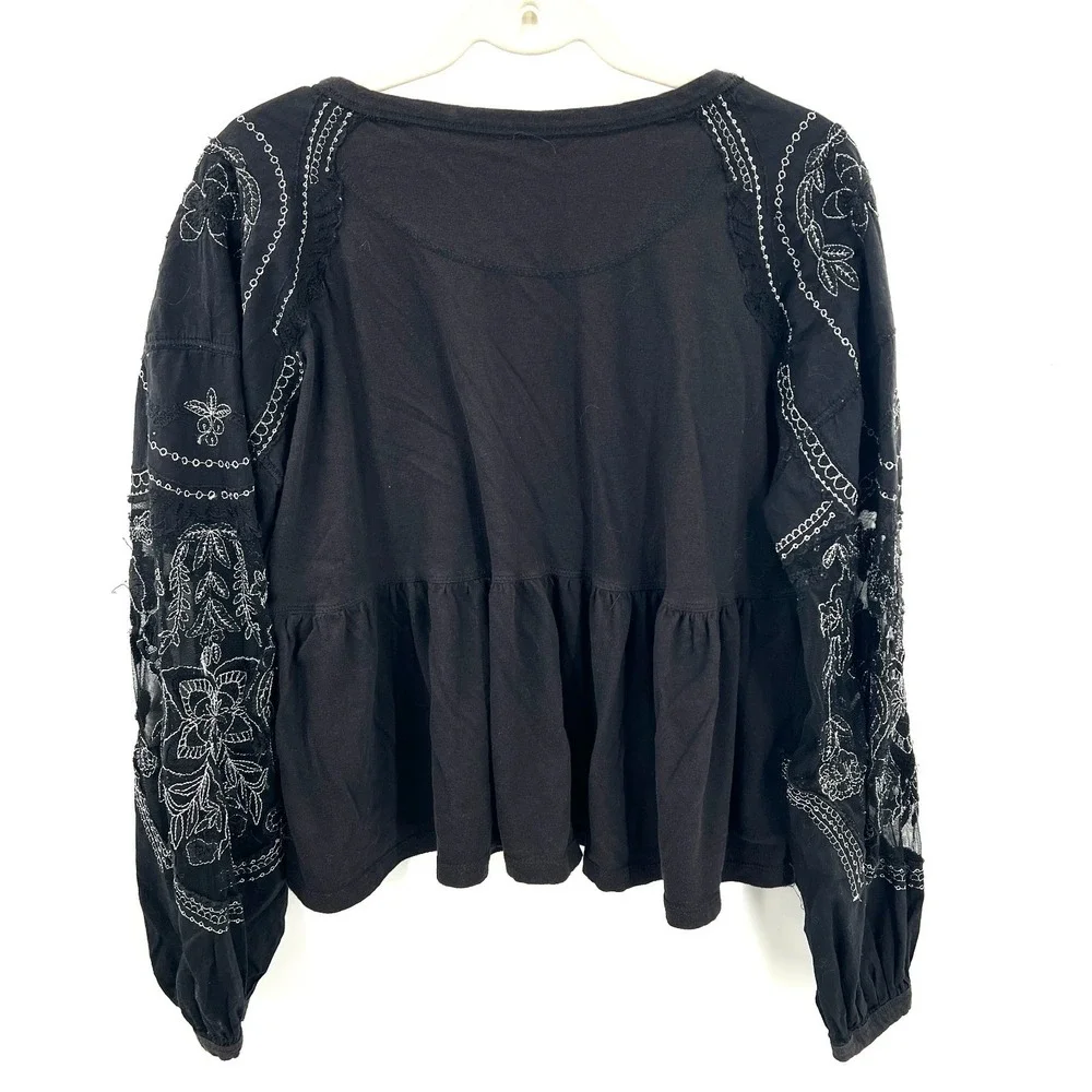 Free People Embroidered Penny Tee black whimsigoth boho‎ whimsical blouse top S